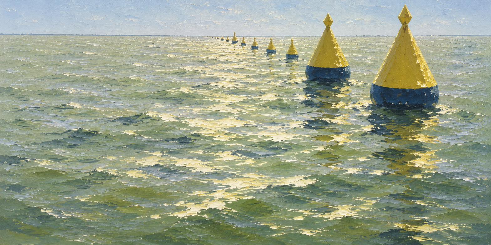 Une file de bouées jaunes et bleues s'éloigne en ligne droite sur une mer verte, jusqu'à se réduire à des points sur l'horizon.