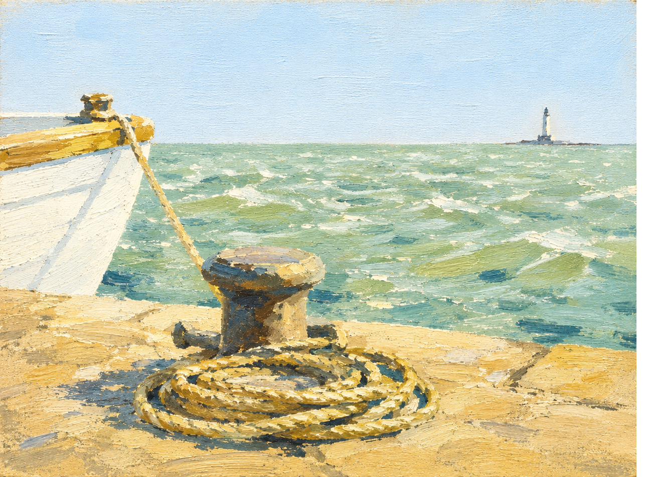 Quai de pierre en plein soleil, une barque blanche amarrée, un cordage lové autour d'une bitte, la mer verte et un phare à l'horizon.