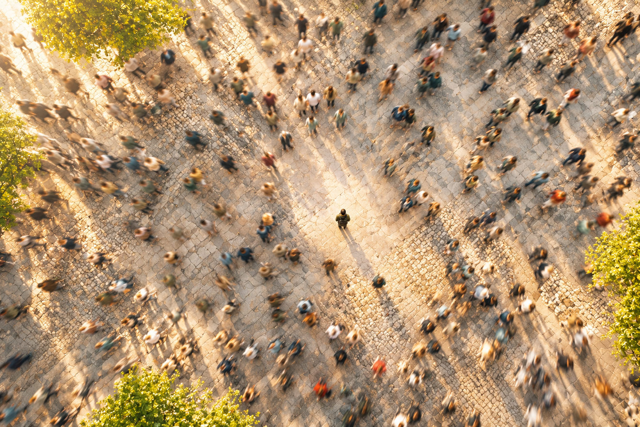 Vue d’en haut d’une place pavée traversée par une foule en mouvement ; au centre, une seule silhouette immobile, entourée d’un petit espace vide.