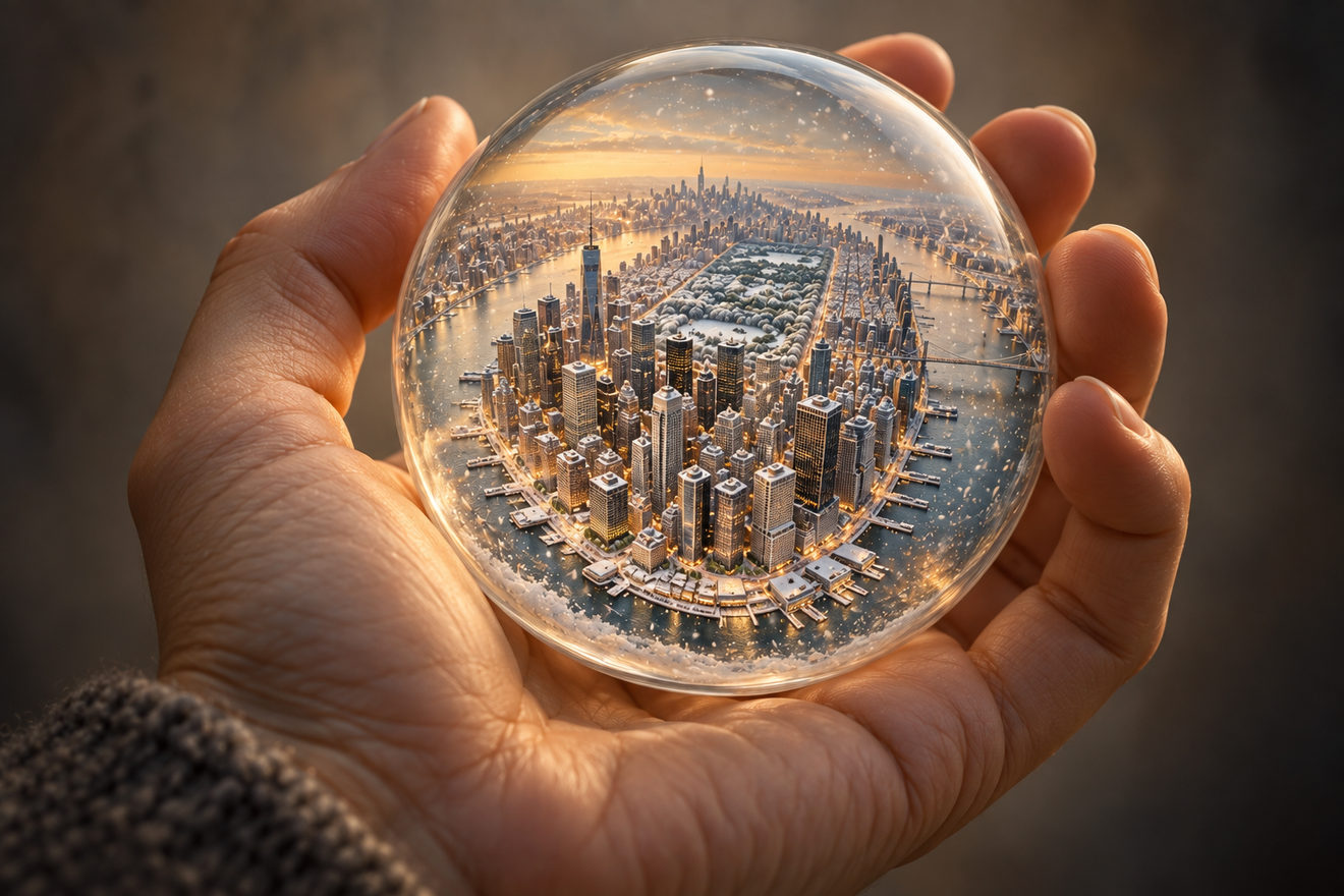 Une main tient au creux de la paume une sphère de verre où repose une ville miniature aux gratte-ciel légèrement enneigés ; les doigts se referment doucement autour.