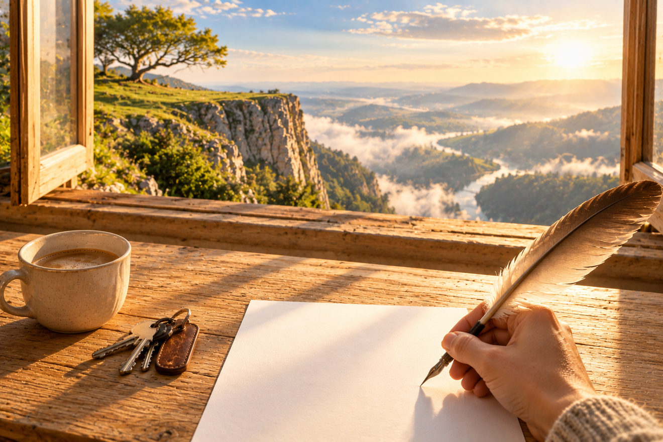 Une main tient une plume au-dessus d’une feuille blanche, sur une table en bois près d’une fenêtre ouverte sur une falaise et un horizon immense.